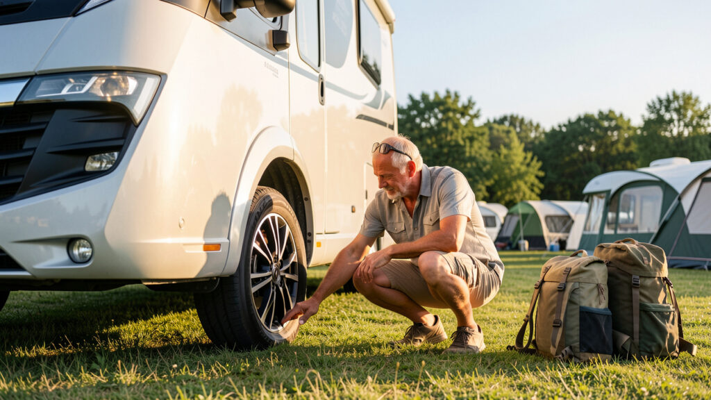 Un homme vérifie le pneu d’un camping-car stationné dans un camping ensoleillé avant le départ.