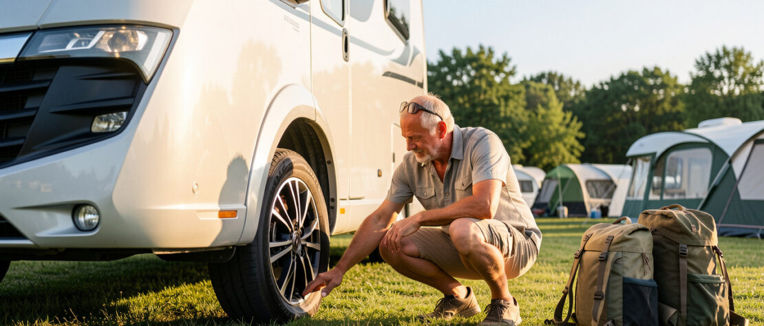 Un homme vérifie le pneu d’un camping-car stationné dans un camping ensoleillé avant le départ.