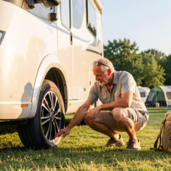 Un homme vérifie le pneu d’un camping-car stationné dans un camping ensoleillé avant le départ.