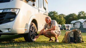 Un homme vérifie le pneu d’un camping-car stationné dans un camping ensoleillé avant le départ.