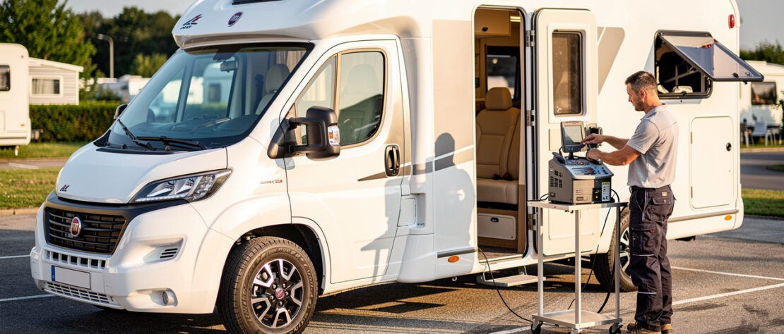 Camping-car moderne stationné sur une aire ensoleillée, avec un technicien contrôlant la climatisation de la cabine à l’aide d’une station de diagnostic.