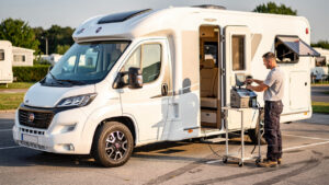 Camping-car moderne stationné sur une aire ensoleillée, avec un technicien contrôlant la climatisation de la cabine à l’aide d’une station de diagnostic.