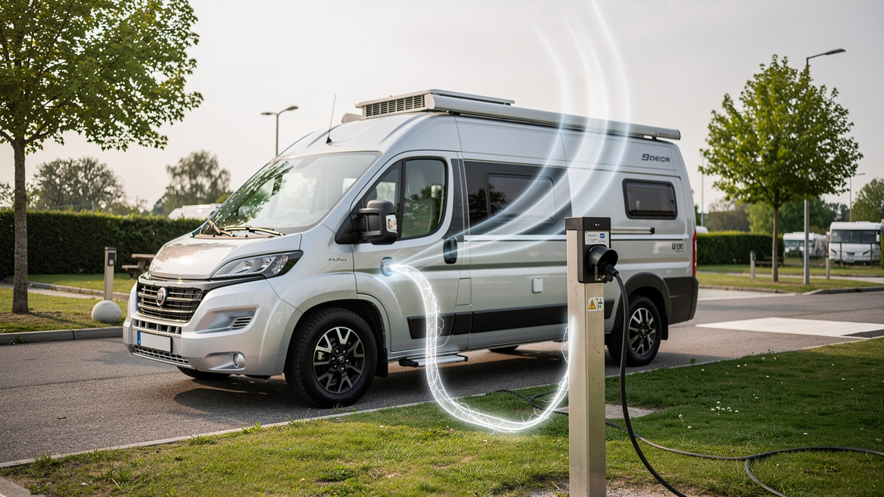 Van aménagé relié à une borne électrique de camping, avec climatiseur de toit en fonctionnement et indications visuelles discrètes de l’alimentation et de la circulation de l’air.