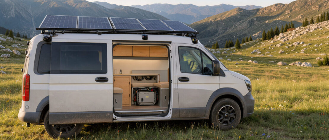 Bus aménagé autonome stationné dans une prairie naturelle, avec des panneaux solaires sur le toit et un intérieur en bois clair laissant voir une batterie auxiliaire.
