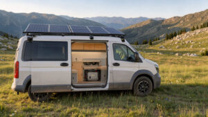 Bus aménagé autonome stationné dans une prairie naturelle, avec des panneaux solaires sur le toit et un intérieur en bois clair laissant voir une batterie auxiliaire.