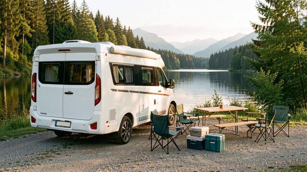 Camping-car moderne stationné au bord d’un lac en été, avec du matériel de voyage préparé dans un paysage naturel baigné de lumière chaude.