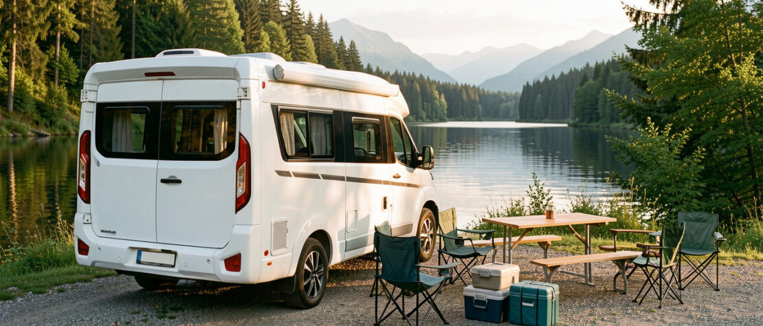 Camping-car moderne stationné au bord d’un lac en été, avec du matériel de voyage préparé dans un paysage naturel baigné de lumière chaude.