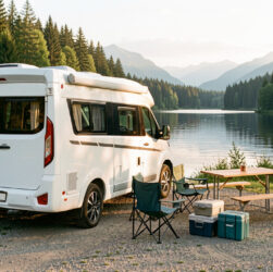 Camping-car moderne stationné au bord d’un lac en été, avec du matériel de voyage préparé dans un paysage naturel baigné de lumière chaude.